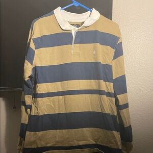 Volcom Blue and Tan Striped Button Down Shirt